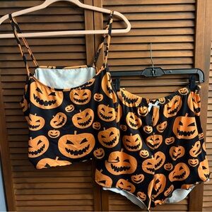Halloween Pumpkin Print PJ Set - Orange & Black